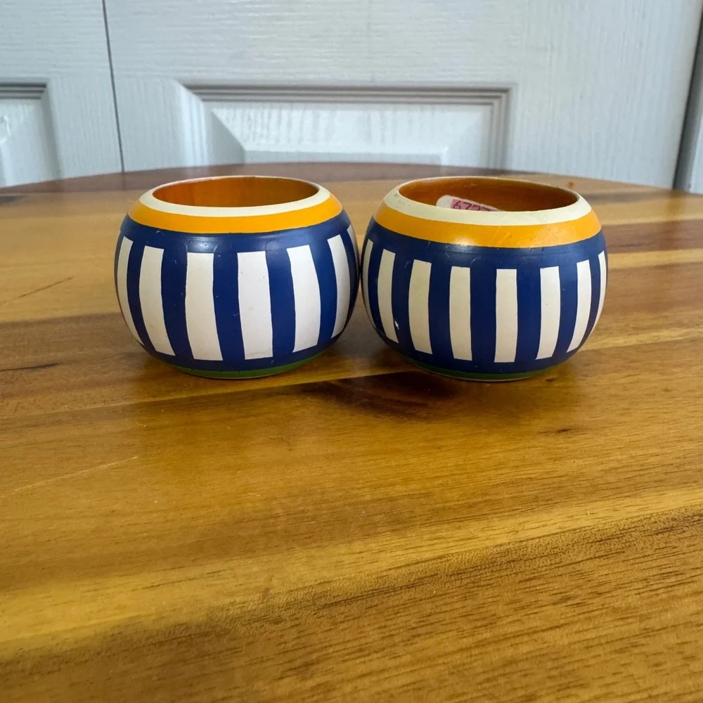 Vintage hand painted striped wooden‎ napkin rings set of 2